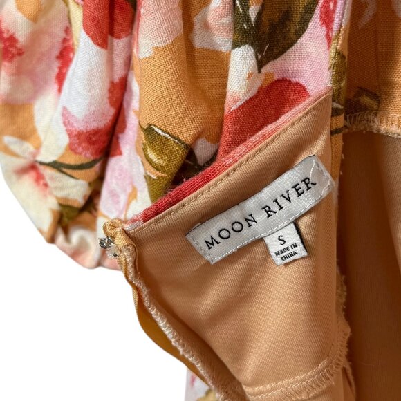 Moon River Linen Blend Midi Dress Small Orange Multicolor Floral Puff Sleeve - Picture 4 of 10